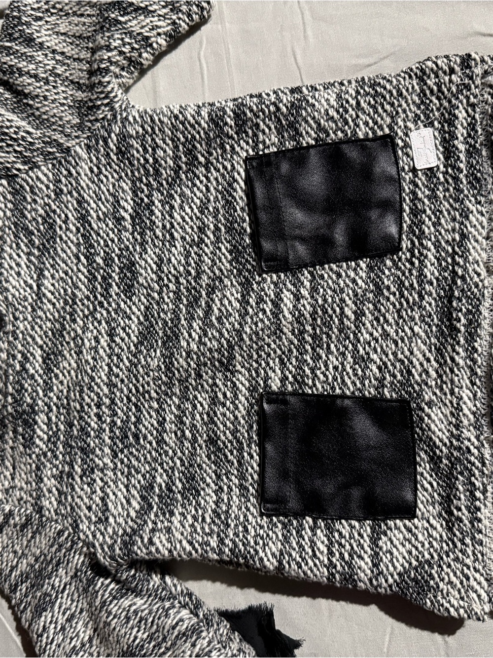 Black and White Marled Knit Sweater with Faux Leather Patches